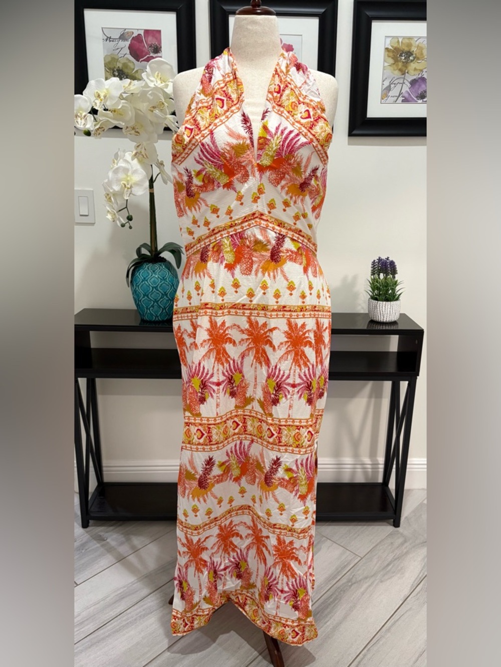 Taylor Tropical Halter Maxi Dress - White, Orange, Pink & Yellow